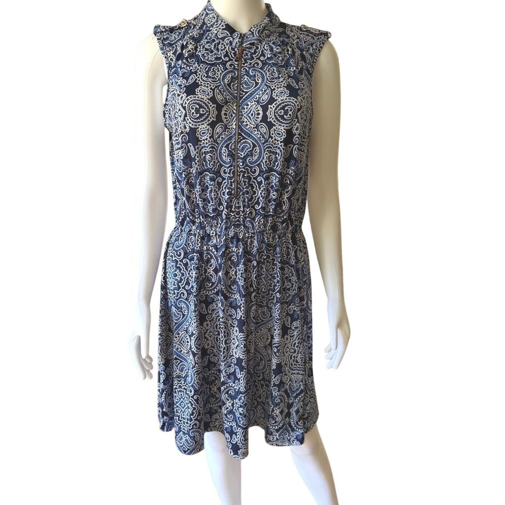 Perception Concept Womens XL Navy Blue White Paisley Sleeveless Zip Neck Dress